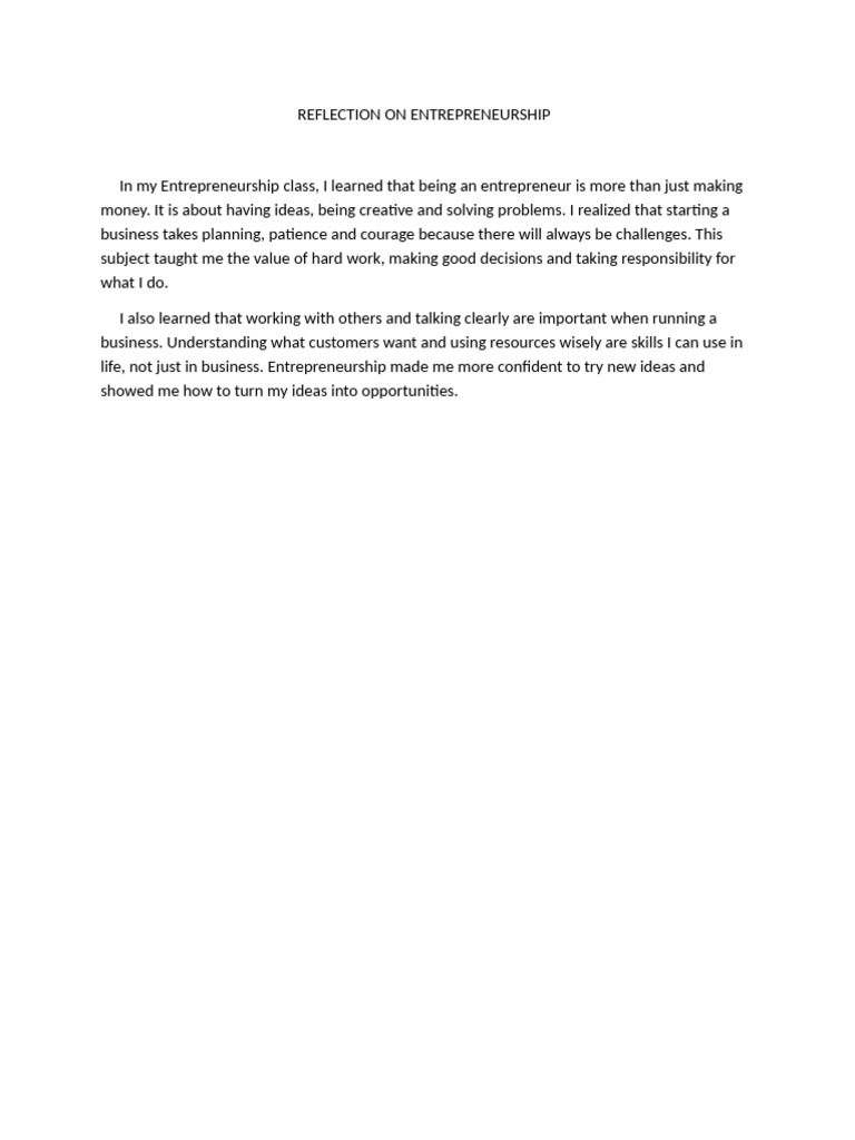 Reflection On Entrepreneurship | PDF