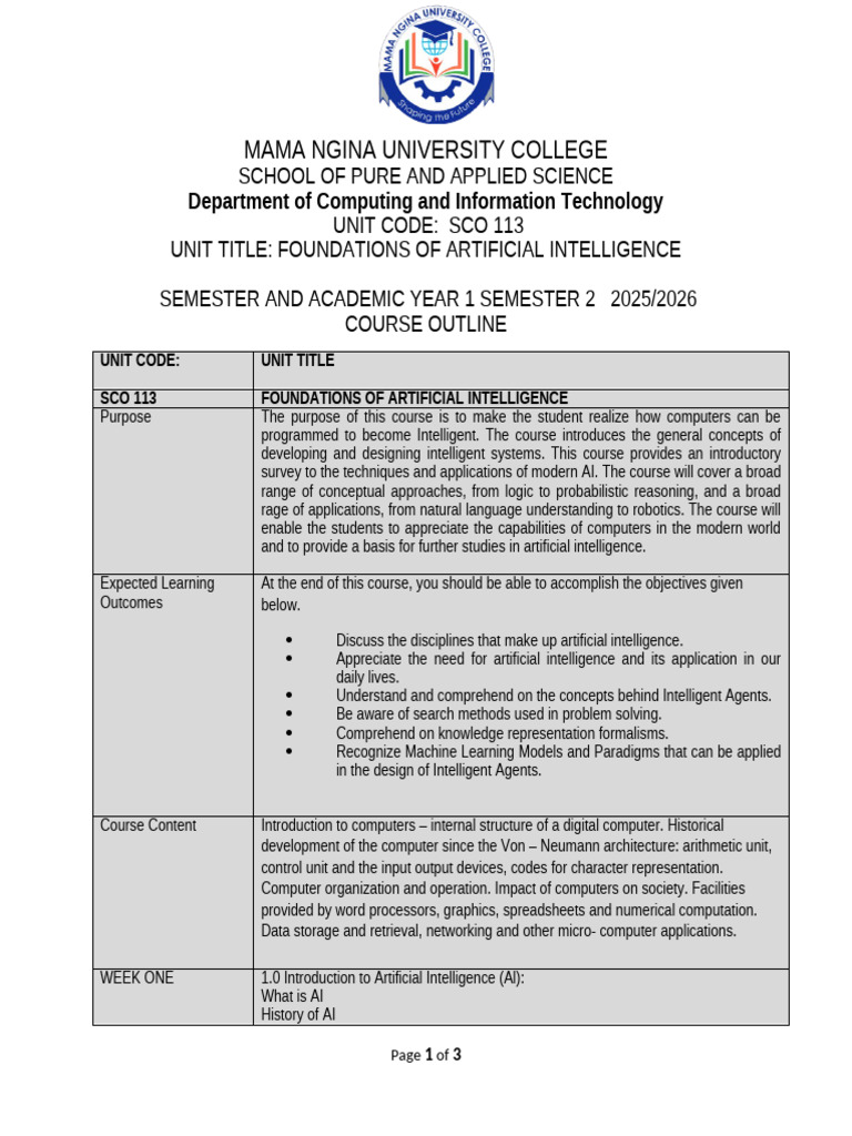 SCO 113 Foundations of Artificial Intelligence Course Outline | PDF ...