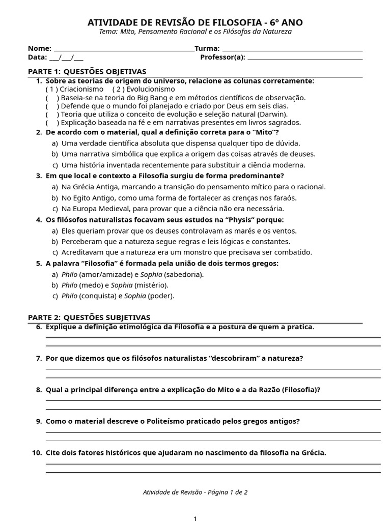 Atividade de Revisão de Filosofia | PDF | Science | Mitologia grega