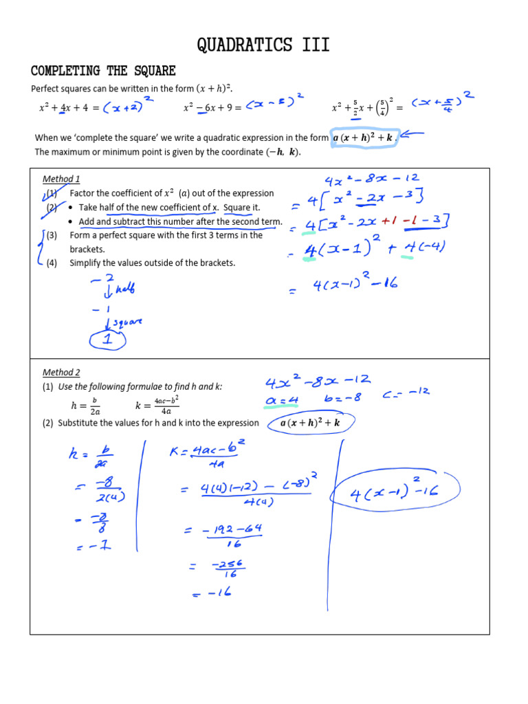 Algebra Handout 11 - Quadratics III - 201111 - 193619 | PDF | Quadratic ...