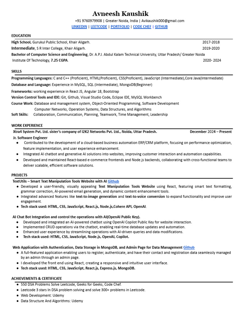 Avneesh Kaushik Resume | PDF | Websites | Java Script