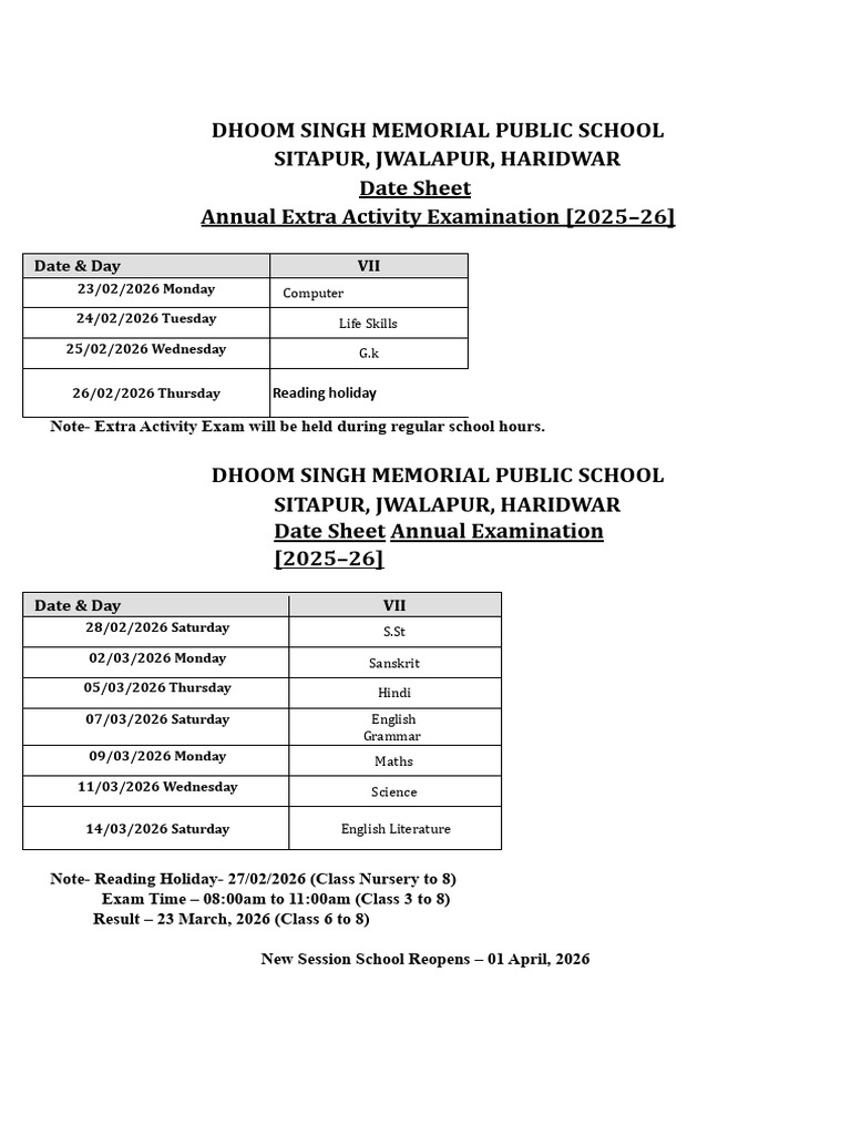 7th Class Annual Examination Datesheet 2025-26 | PDF