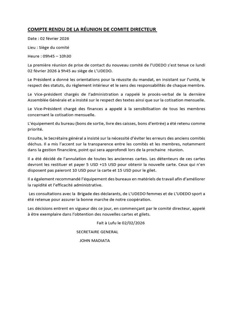 Compte Rendu de La Réunion de Comite Directeur 1ere | PDF