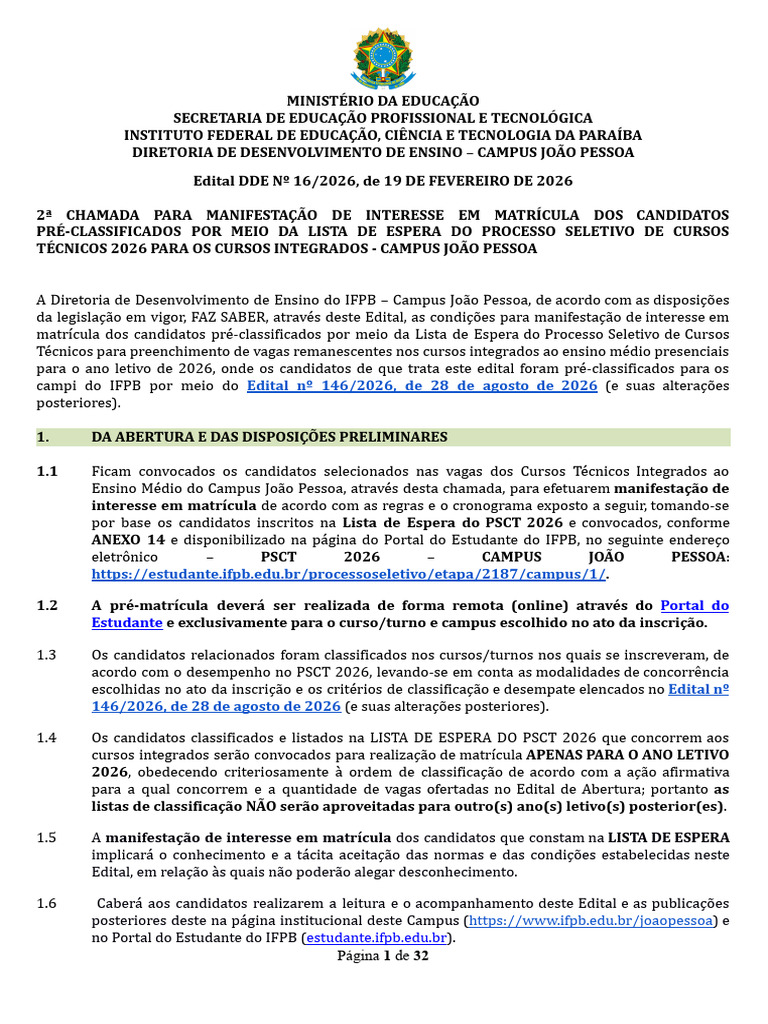 Edital #16-2026 - 2 Lista de Espera - INTEGRADO - PSCT 2026 - Campus JP ...