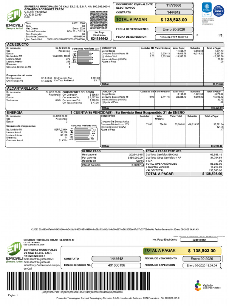 Factura EmCali 504194 | PDF | Ingenieria Eléctrica | Energia electrica