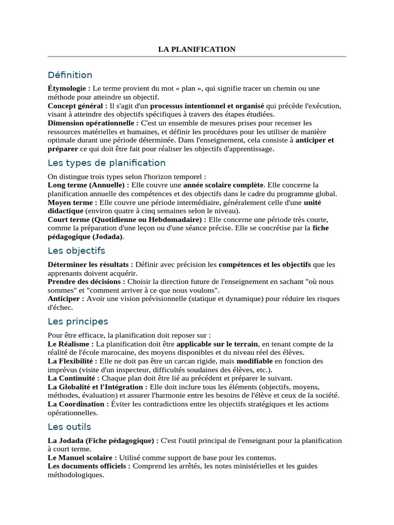 La Planification | PDF | Planification | Pédagogie