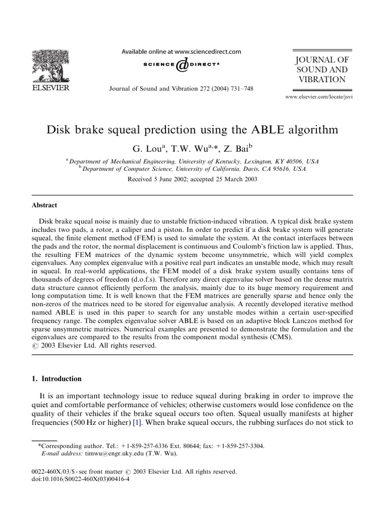 Lou (2004) - Disk Brake Squeal Prediction Usingthe ABLE Algorithm | PDF ...