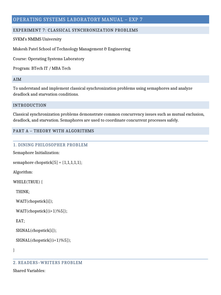 Classical Synchronization Lab Manual With Code Snippets | PDF ...