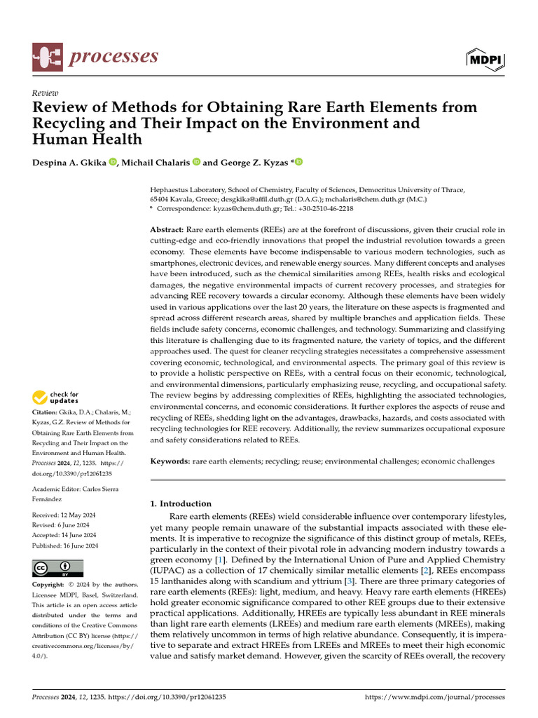 Review of Methods For Obtaining Rare Earth Elements From Recycling and ...