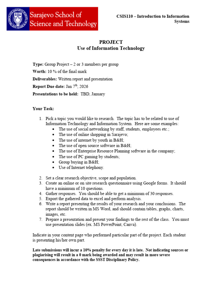 CSIS110 Project Specification 2025 | PDF