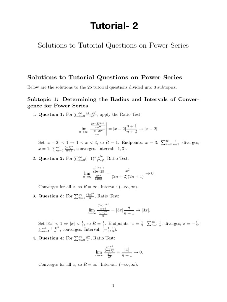 Power Series Tutorial Solutions-2 | PDF | Real Analysis | Series ...