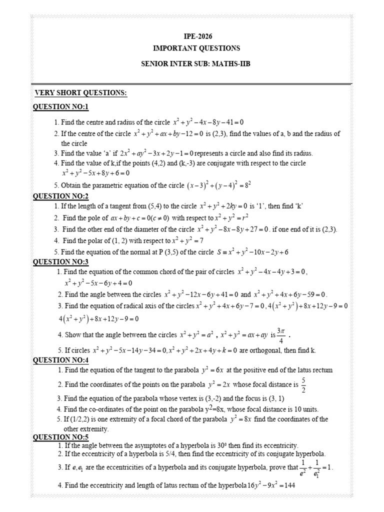 SR Maths Iib Imp Questions-2026 | PDF | Ellipse | Circle
