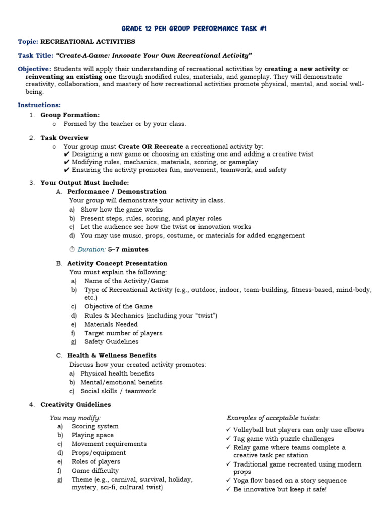 PT1 Recreational Activity Revised | PDF | Creativity | Cognition
