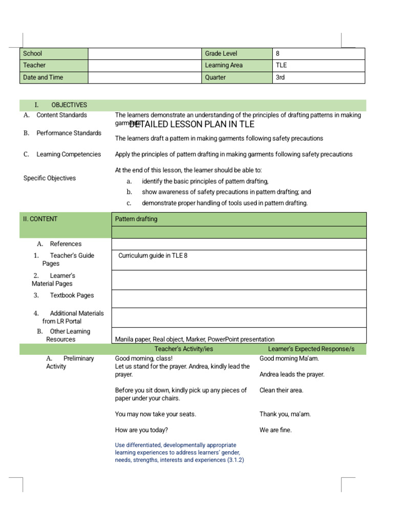 Dlp in Tle 8 Pattern Drafting q3 | PDF | Learning | Curriculum