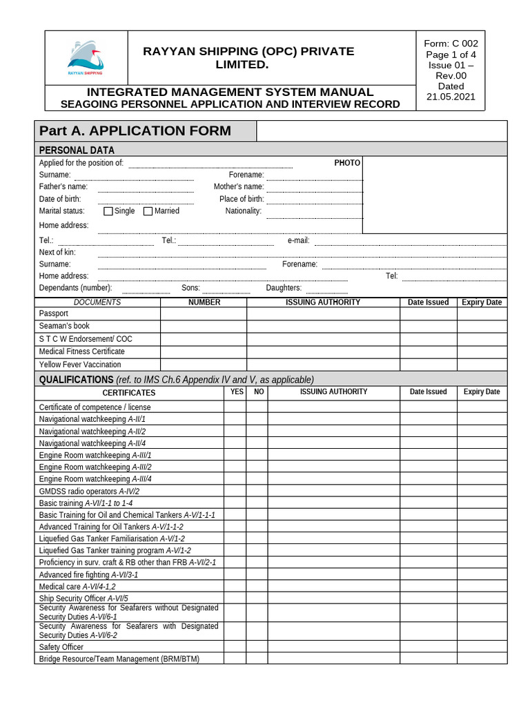 Form C002 Seagoing Personnel Application | PDF | Sailor
