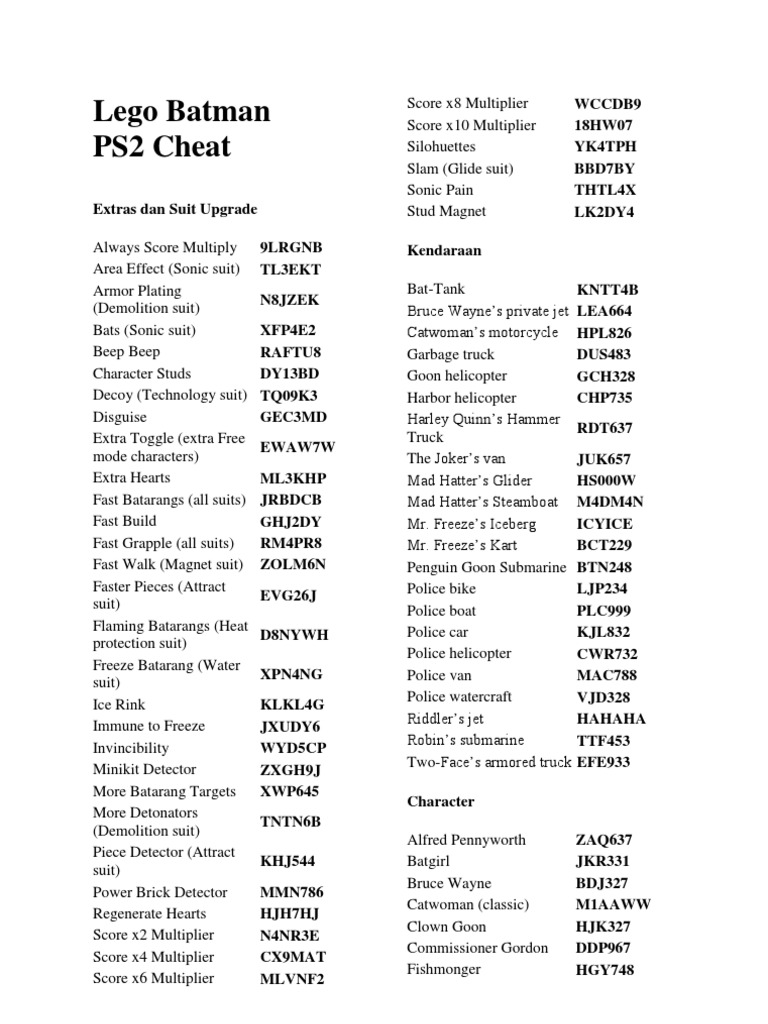 PS2 Cheat Codes: Lego Batman, PDF, Batman