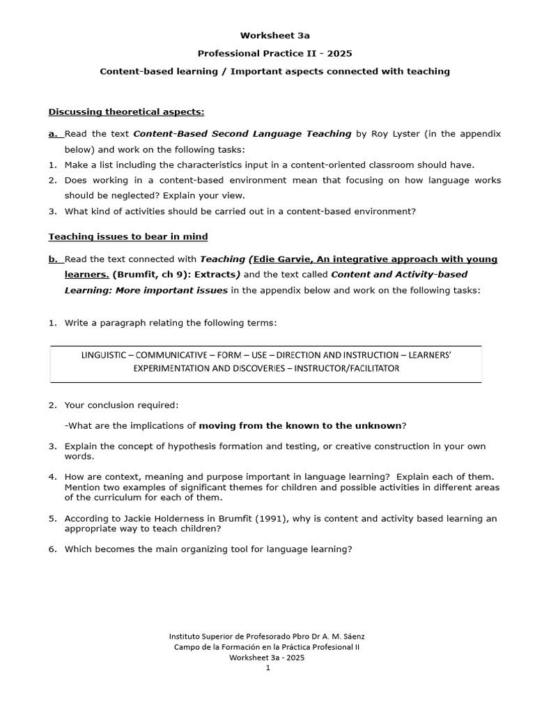 Worksheet 3a - Content-Based Learning - Important Aspects Connected ...