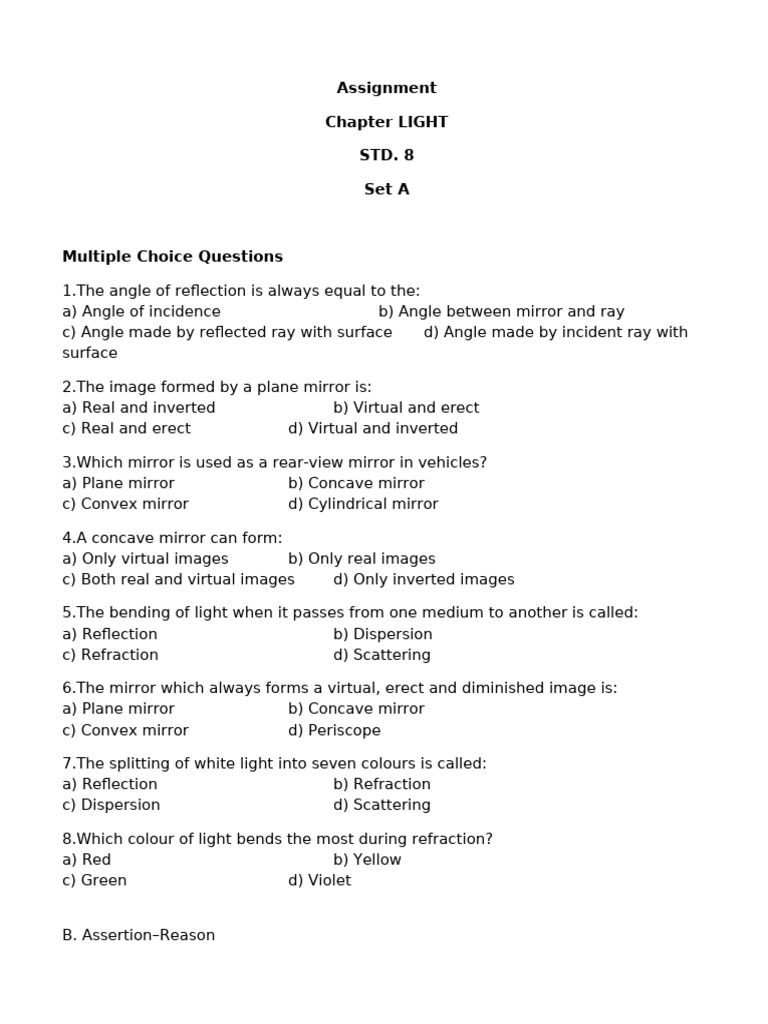 Assignment Light (1) | PDF | Mirror | Reflection (Physics)