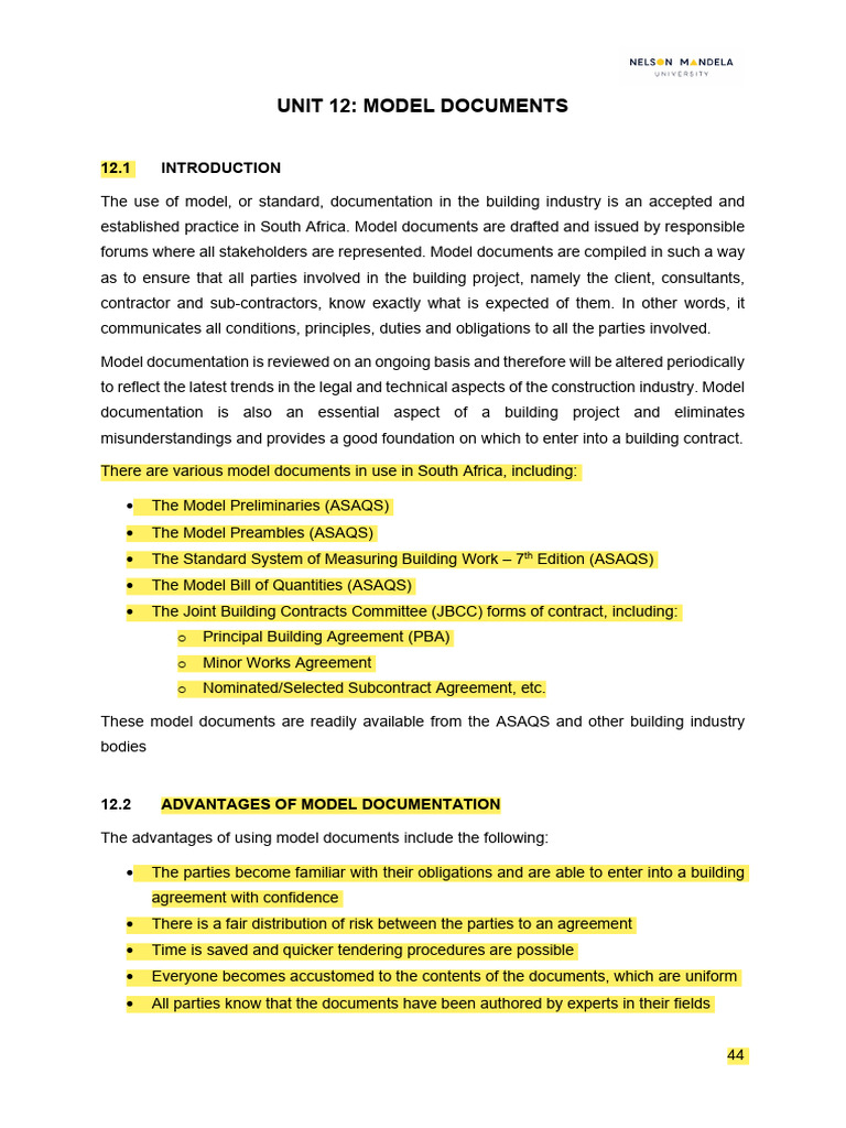 Unit 12 - Model Documents | PDF | Subcontractor | Justice