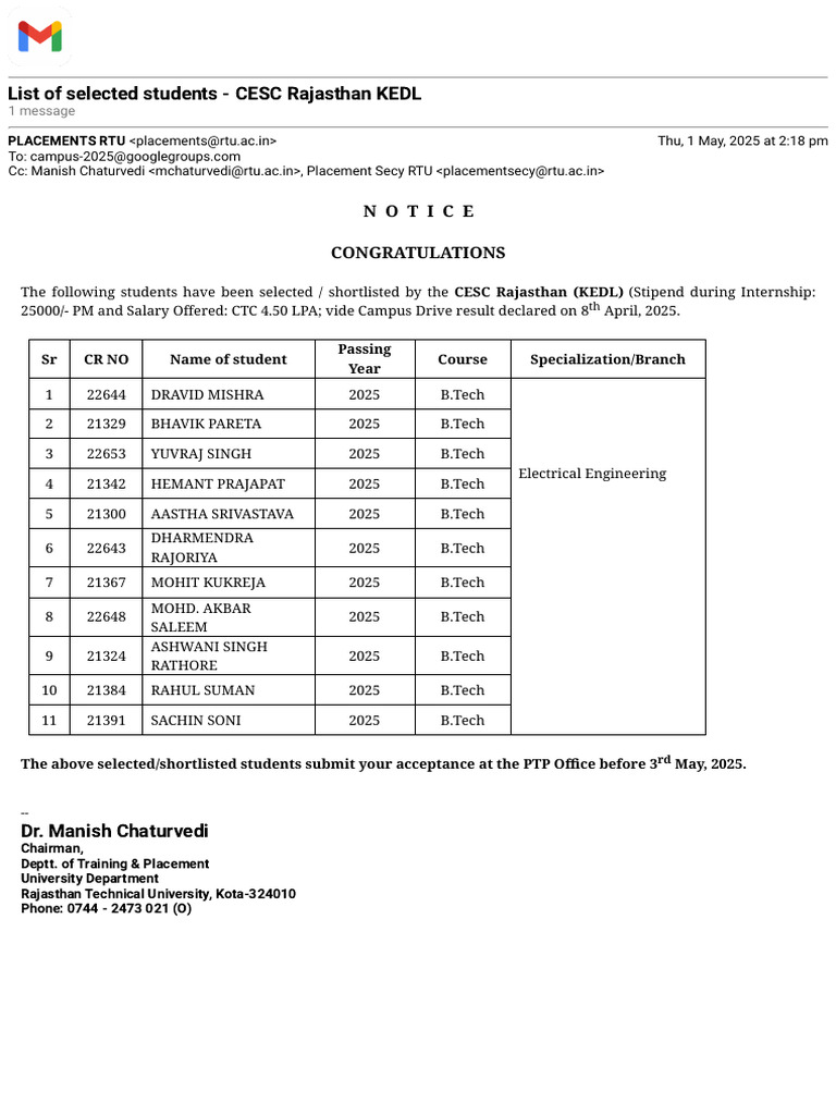Gmail - List of Selected Students - CESC Rajasthan KEDL | PDF