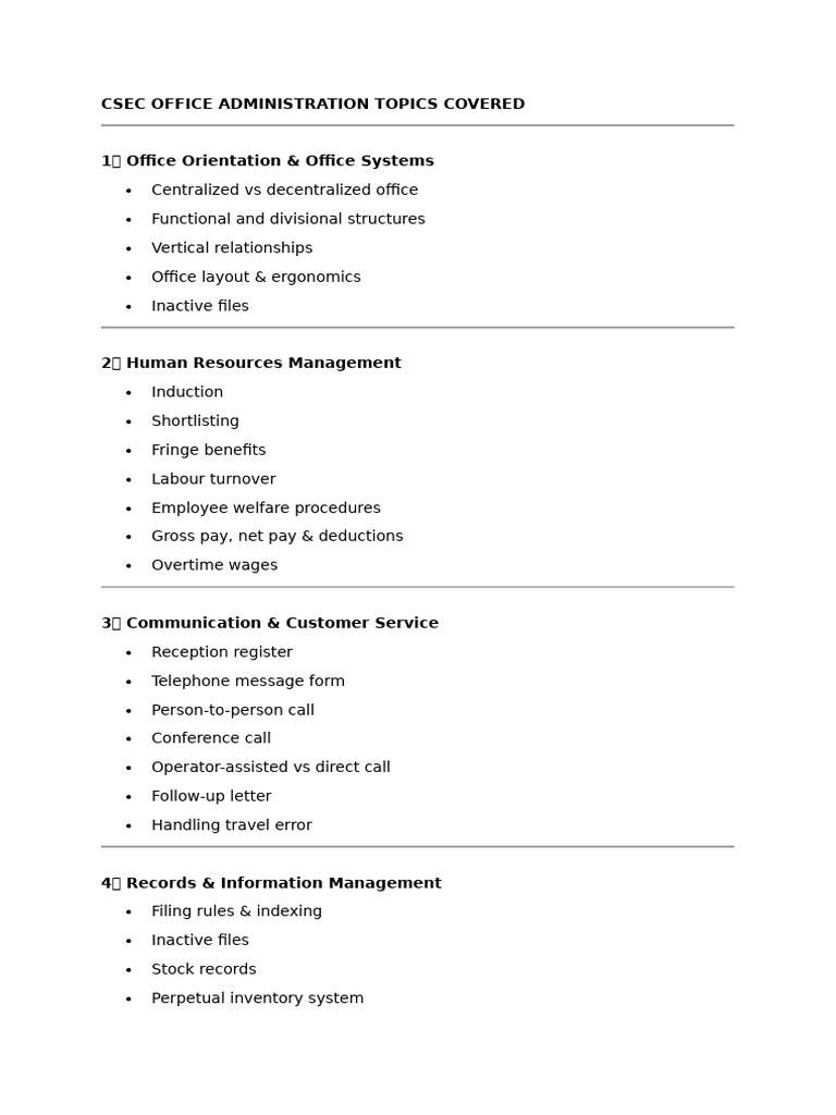 Csec Office Administration Topics Covered For Final Exam | PDF