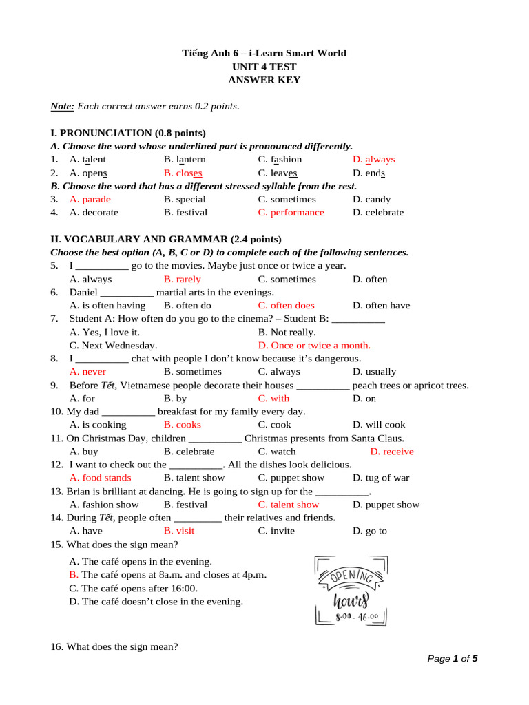 Tieng Anh 6 Smart World Unit 4 Test Answer Key 1 | PDF