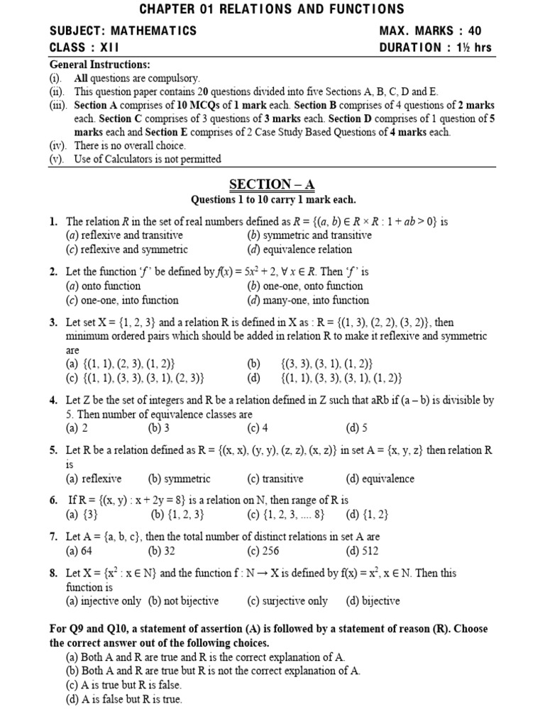 Maths Class Xii Chapter 01 Relations and Functions Practice Paper 01 ...