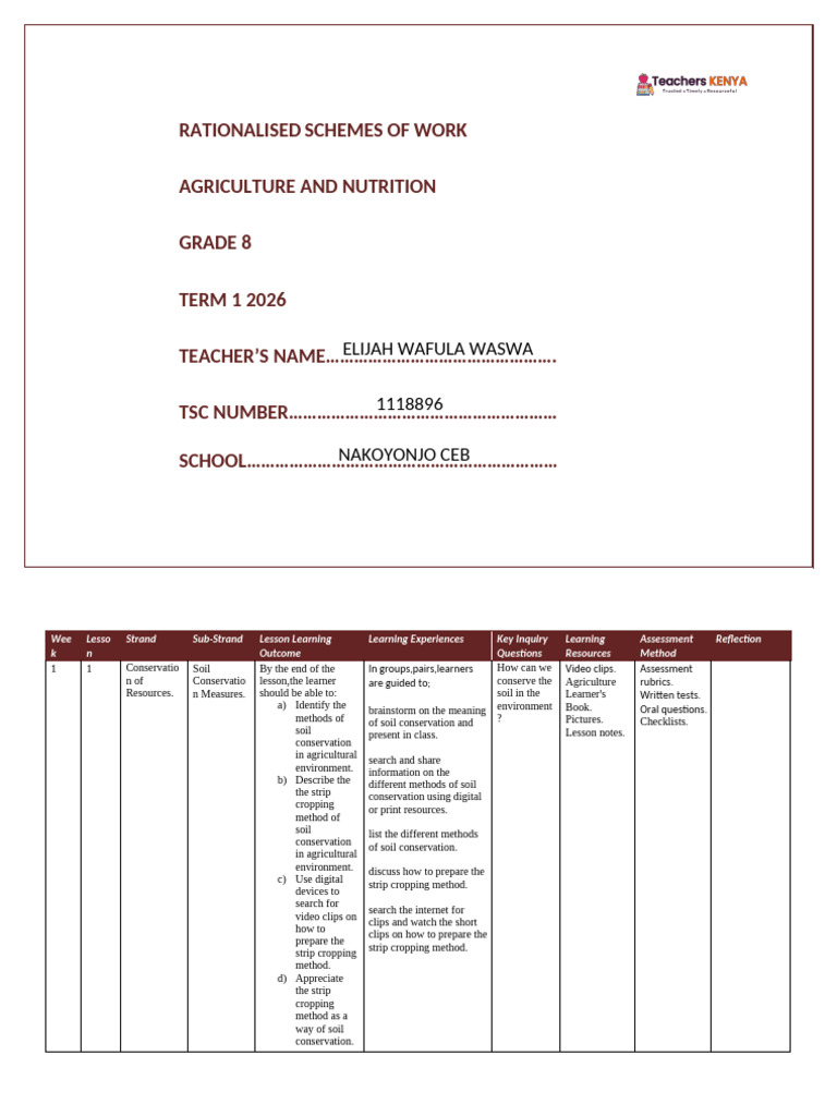 Term 1 Grade 8 Agriculture and Nutrition Schemes of Work | PDF ...