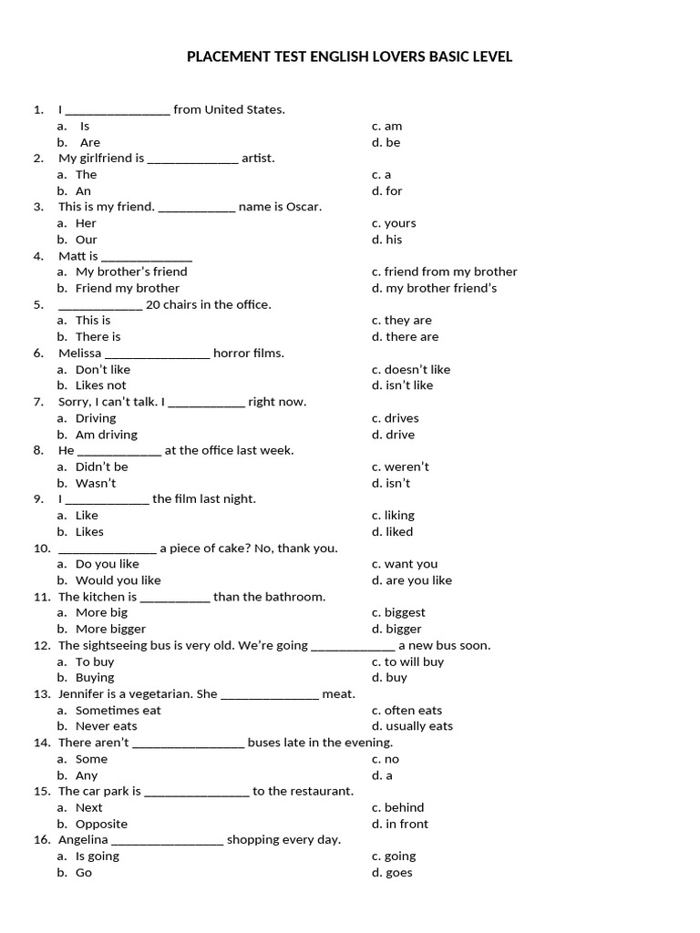 Placement Test Grammar | PDF