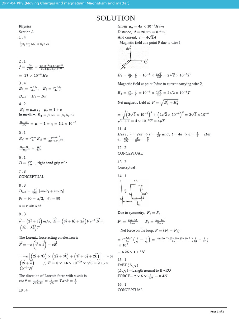 DPP -04 Phy (Moving Charges and Magnetism. Magnetism and Matter) Sol ...
