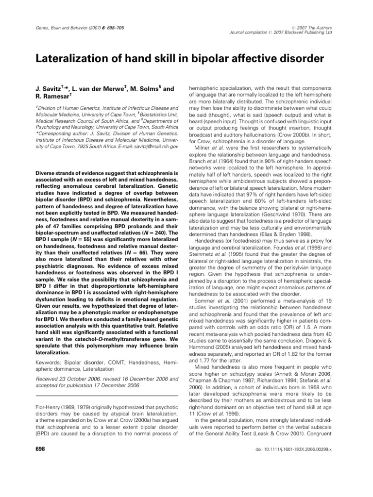 Solms-2007 Lateralization and Hand Skill | PDF | Borderline Personality ...