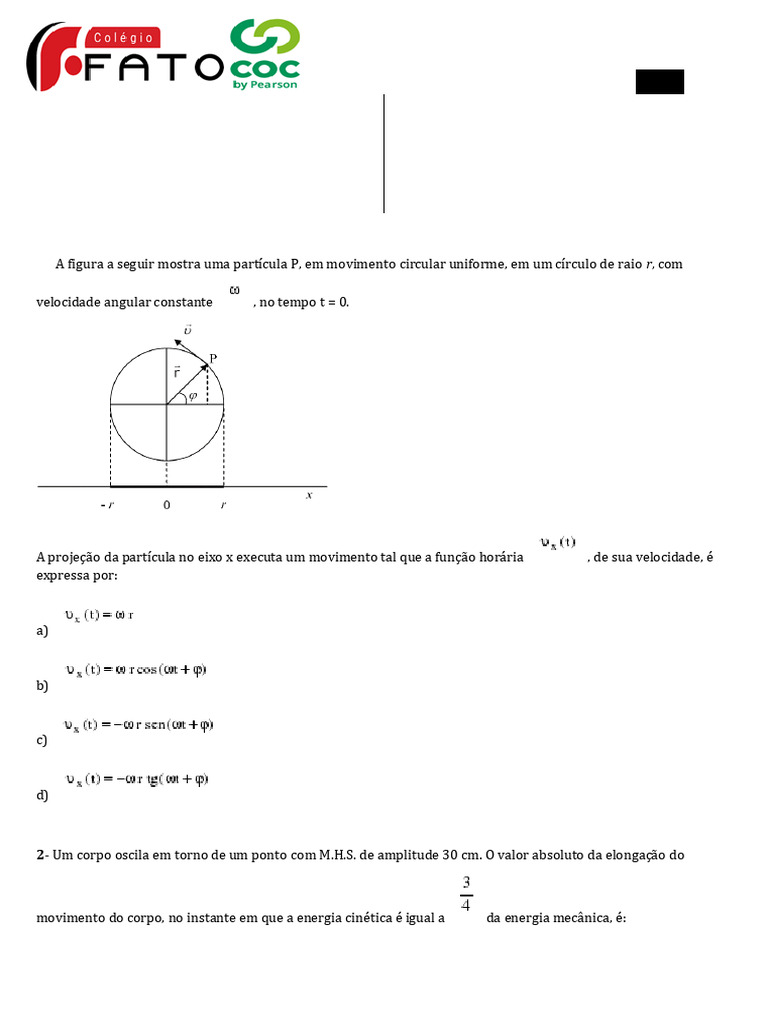 1º Lista de Exercícios - 2º Ano - Física - Frente 2 | PDF | Ondas | Pêndulo