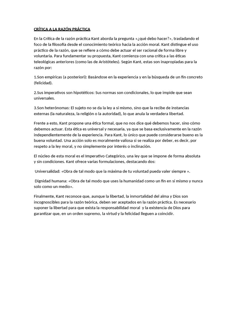 Crítica A La Razón Práctica y Pura Kant | PDF | Immanuel Kant | Razón