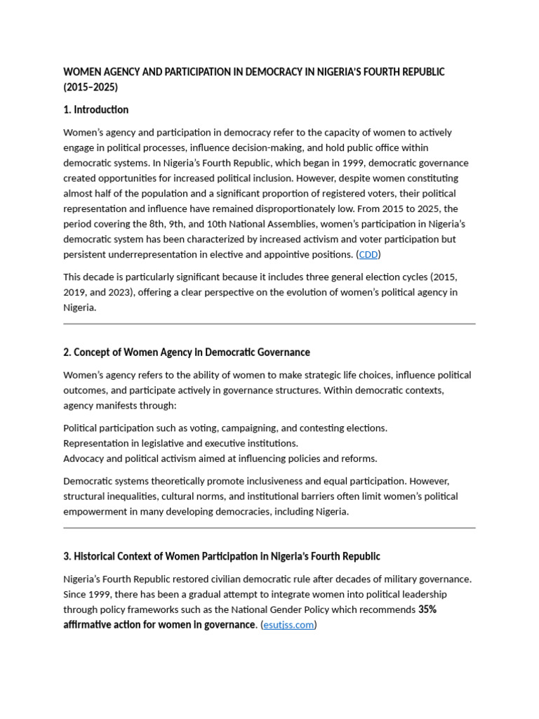 WOMEN AGENCY AND PARTICIPATION IN DEMOCRACY IN NIGERIA | PDF ...