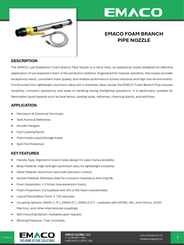 EMACO Standard Foam Branch Pipe Nozzle Datasheet V25.0 | PDF | Pipe ...