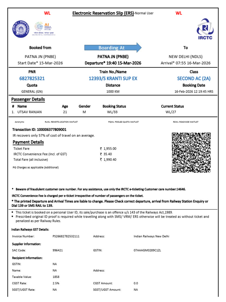 12393/S Kranti Sup Ex Second Ac (2A) : WL WL | PDF | Identity Document ...