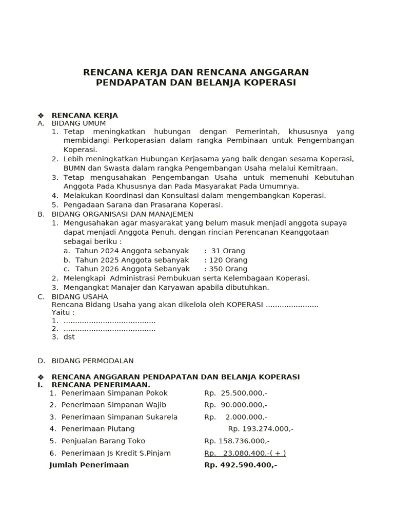 Contoh Rencana Kerja Koperasi | PDF
