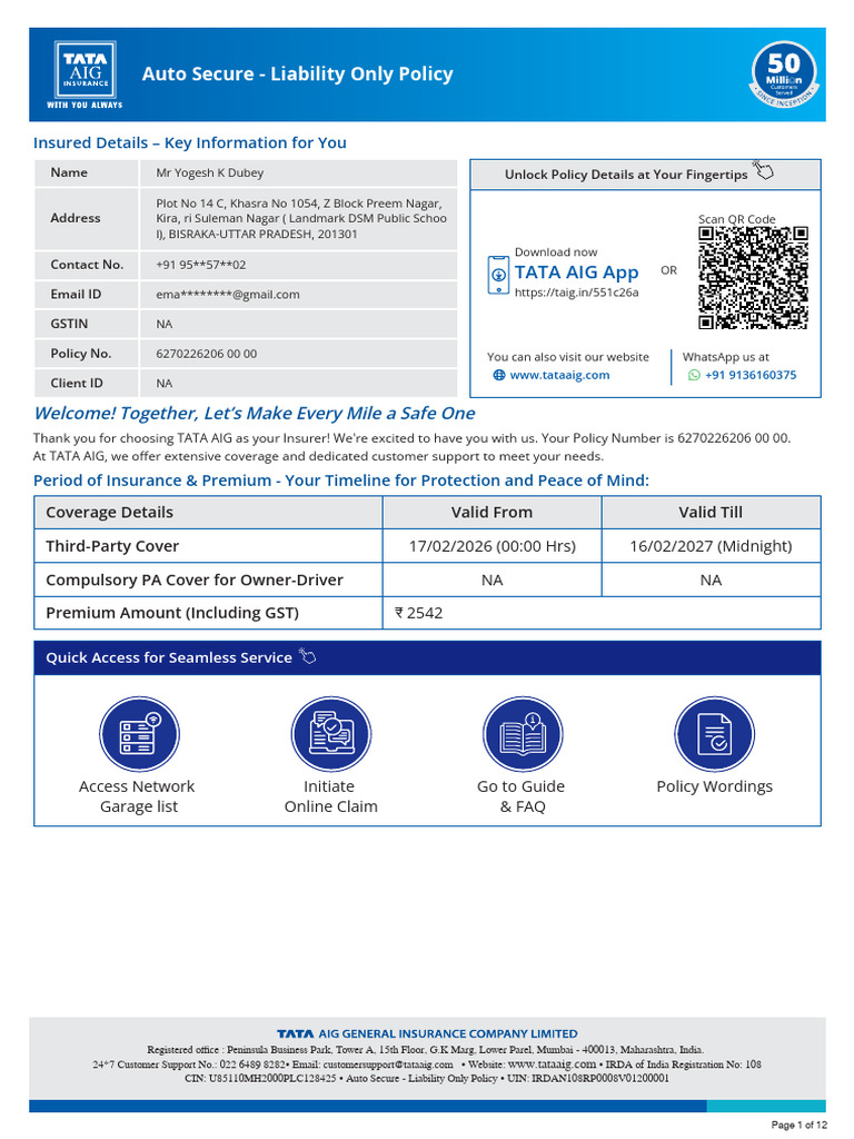 Tata AIG Motor Policy Schedule 3184 6270226206 | PDF | Vehicle ...