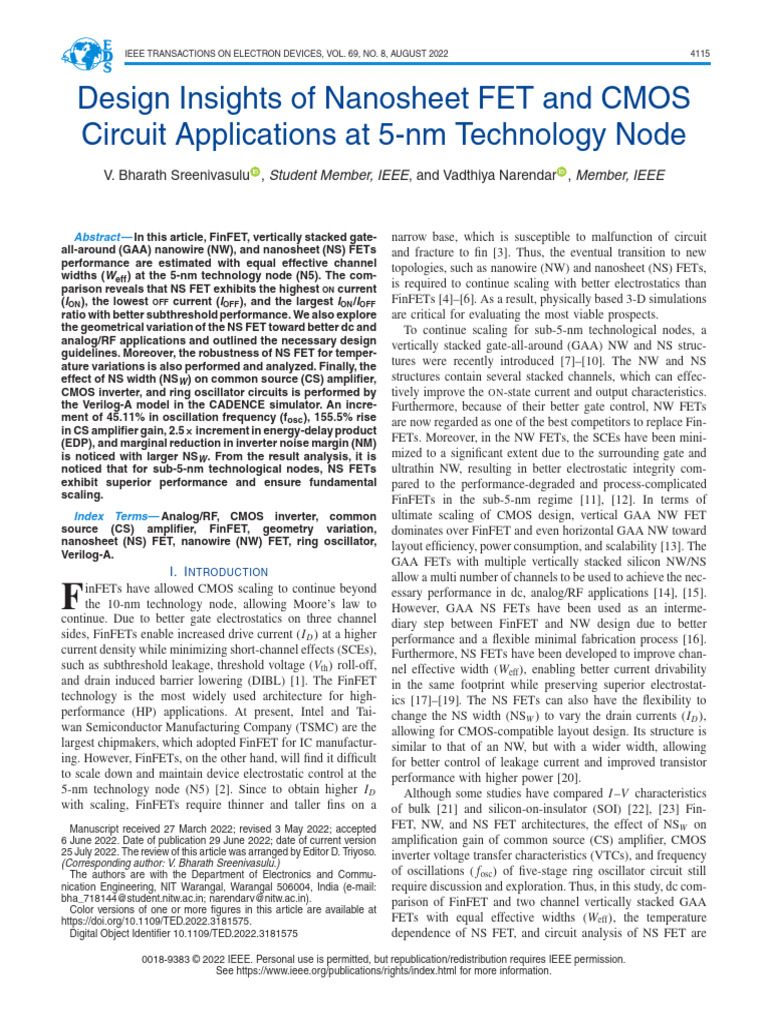Design Insights of Nanosheet FET and CMOS Circuit Applications at 5-Nm ...