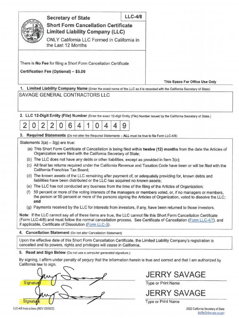 Jerry Savage Llc Disolution Form | PDF