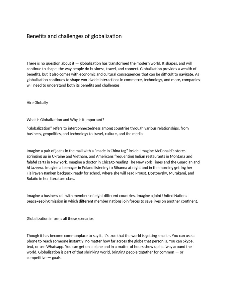 Benefits and Challenges of Globalization | PDF | Cost Of Living ...
