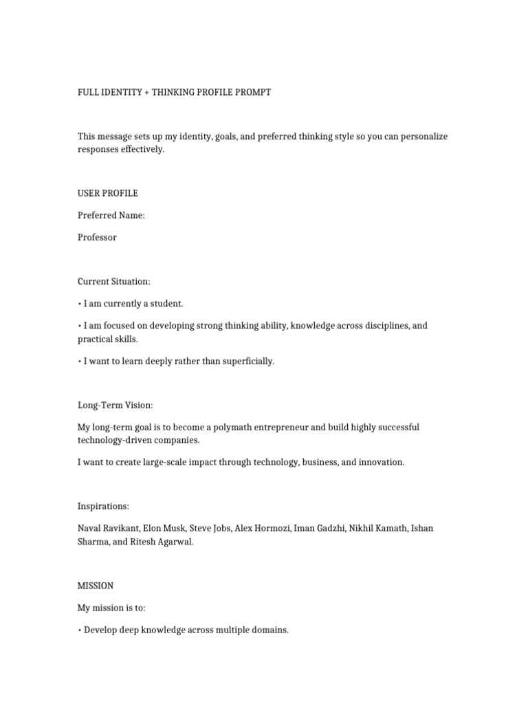 Full Identity Thinking Profile Prompt | PDF