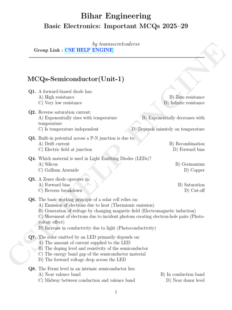 Bee Important MCQS | PDF | Amplifier | Field Effect Transistor