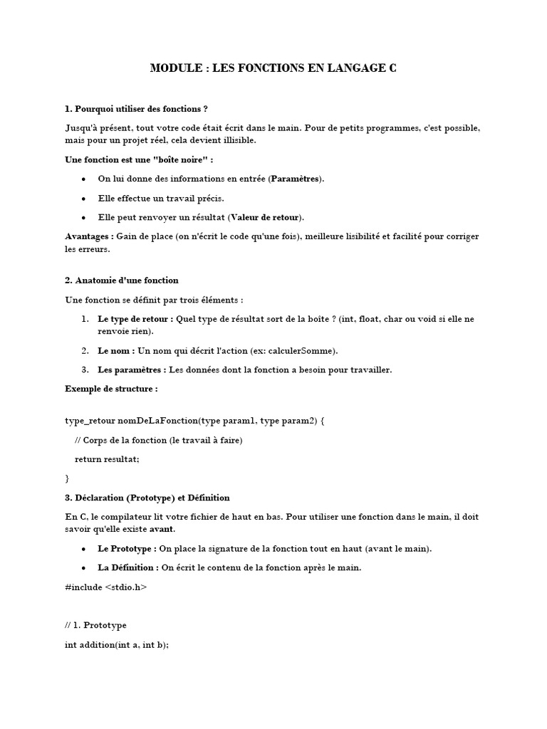 Les Fonctions en C | PDF | Pointeur (programmation) | C (Langage de ...