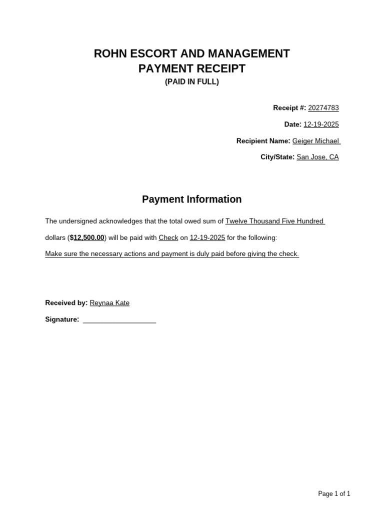 Paid in Full Receipt Template | PDF