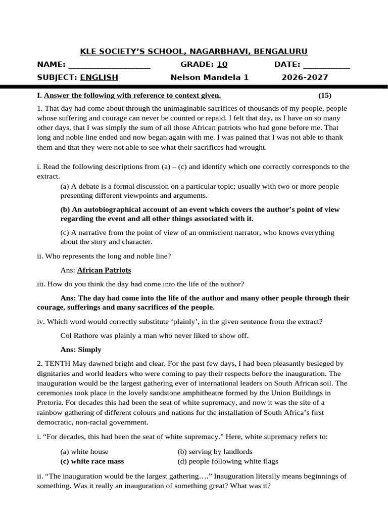 AK, Nelson Mandela 1 Practice Paper | PDF | Narration