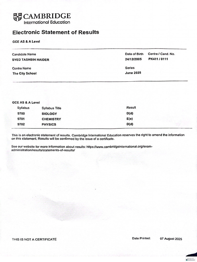A2 Electronic Statement of Results | PDF
