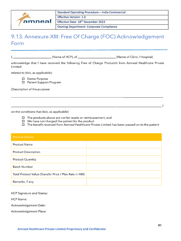 Ranivue Free of Charge (FOC) Acknowledgement Form | PDF