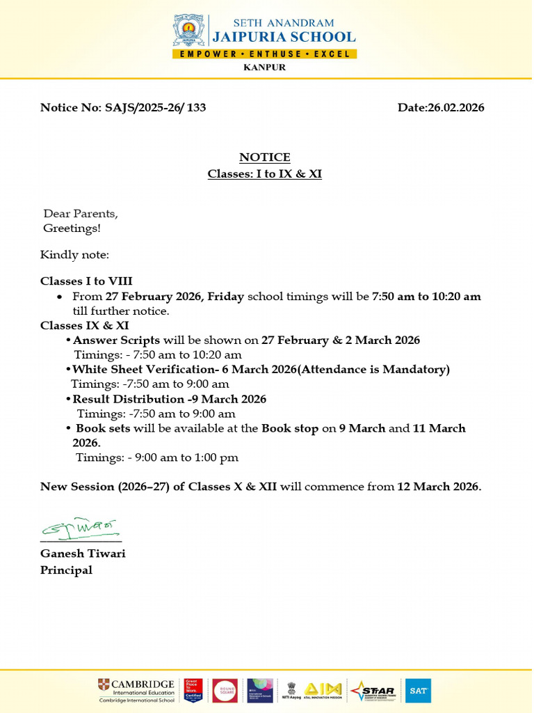 Notice For Classes I To IX & XI (26.02.2026) | PDF