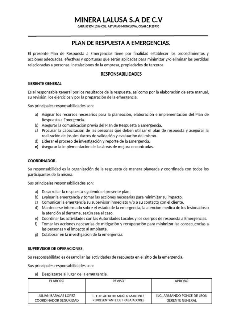 Plan de Atencion A Emergencias 2026 Minera Lalusa | PDF